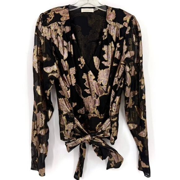 Ramy Brook Womens 8 Metallic Floral Print Long Sleeve V Neck Wrap Top Black Gold - Picture 2 of 10